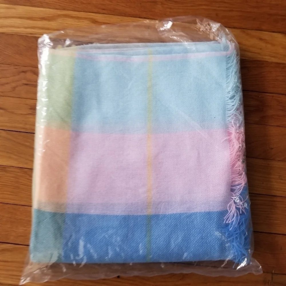 Vintage Ombre Stripe Acrylic Fringe Baby Blanket Pastel Pink Blue NOS Soft Girl